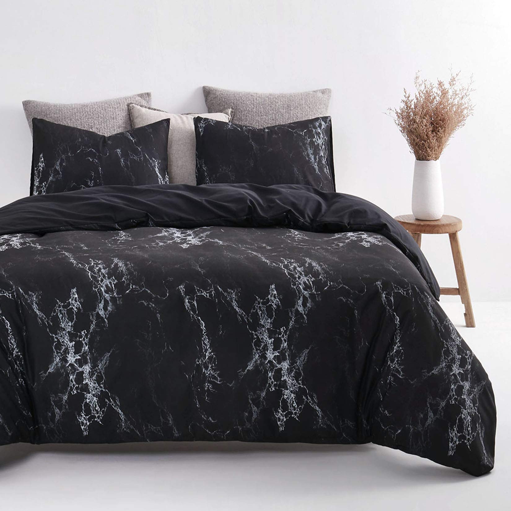 Wake In Cloud - Black Marble Comforter Set Cal King, 3 Pieces Lightweight Bedding for Men and Women, Black and White Neutral Aesthetic, California King Size