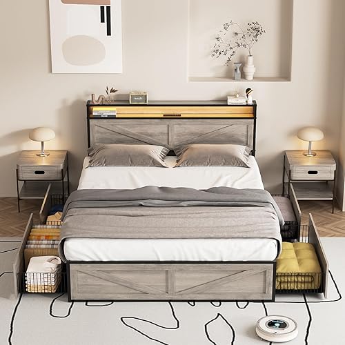 Base de cama LED tamaño Queen con estación de carga y 4 cajones, marco de cama de metal con cabecero de puertos USB, marco de cama de granja con