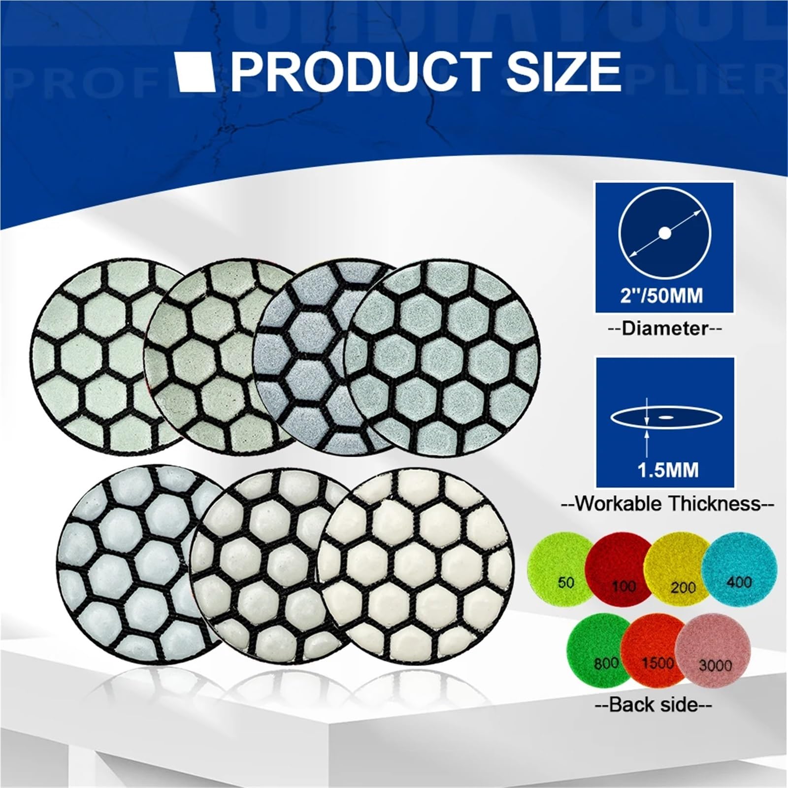 Almohadillas de pulido 7 Uds Mini almohadillas de pulido diamante diámetro 50mm juego discos lijado resina for granito mármol 2 pulgadas pulidoras piedra flexibles(7pcs Set)