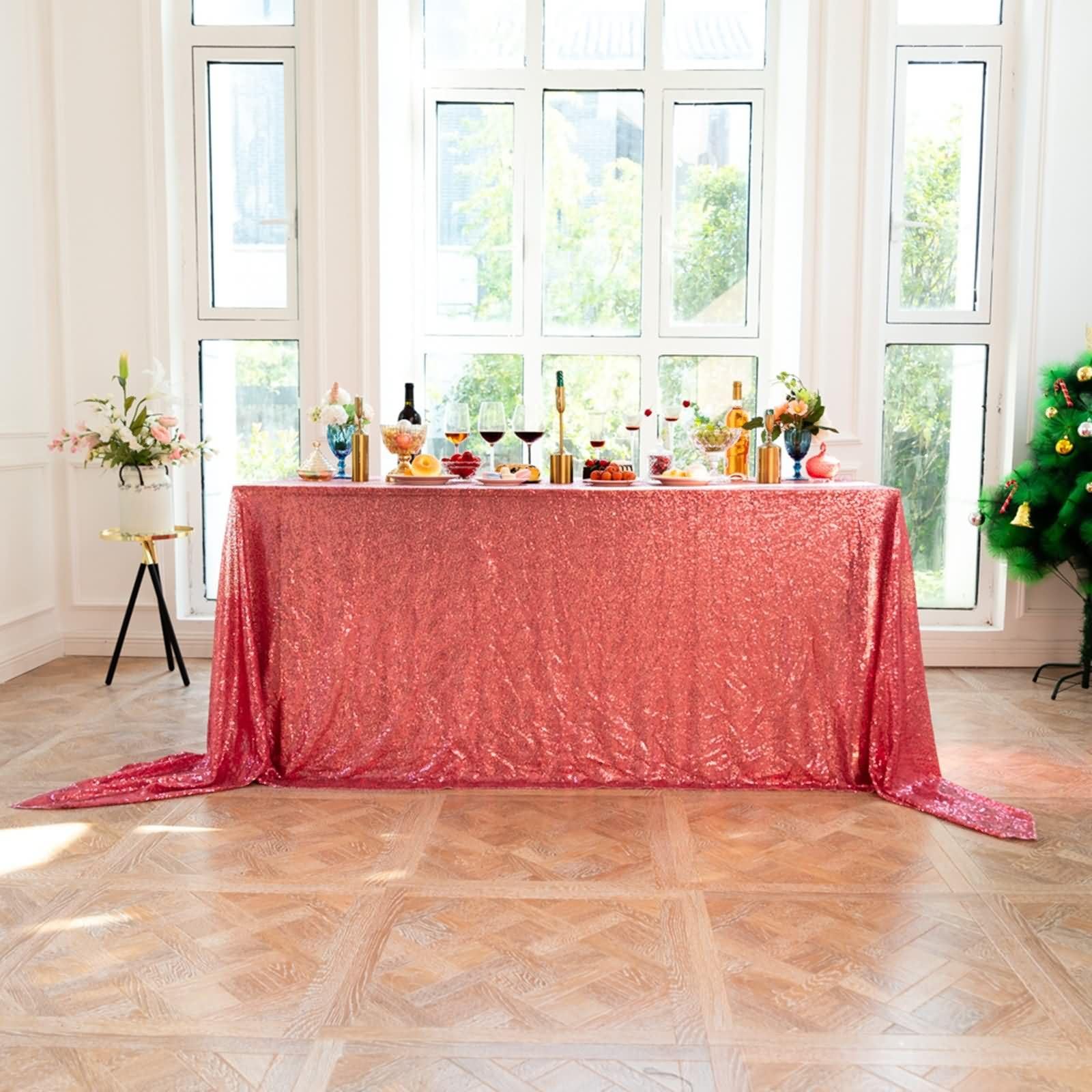 Mantel Boda Mesa Rectangular 153 W x 320 L CM,Mantel para Mesa Salón Roja Rosa Color Sólido con Lentejuelas Poliéster Mantel Casa Mesa