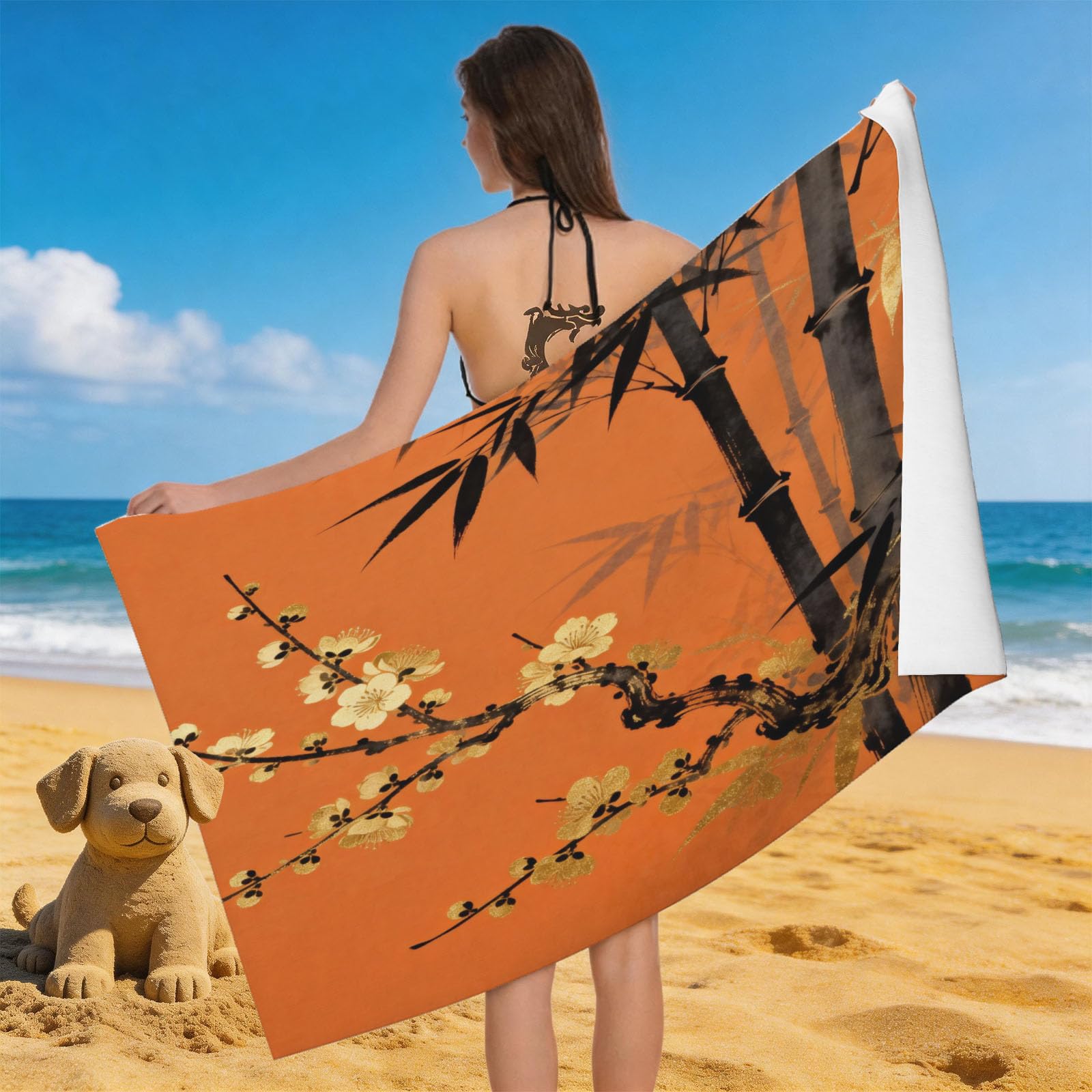 Leichong 3D Ink Wash Plum Blossom Beach Towel Microfiber Soft Quick Dry for Adults, Chic Bath Towel Lightweight Soft Absorbent for Travel Swimming Pool Sports, 75 x 150 cm