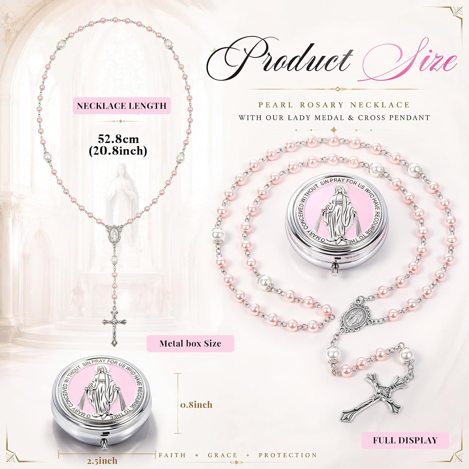Jadive 24 sets Catholic Rosary Necklace, 6mm Glass Pearl Beads 8mm Our Father Bead Metal Gift Box for Women Men Prayer Gift