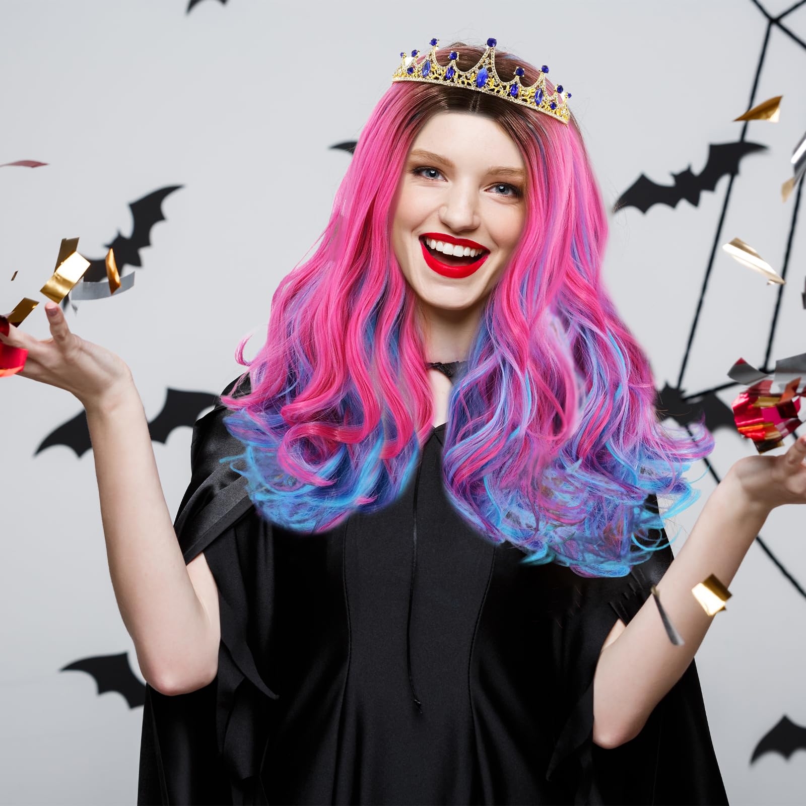 Lila Ombre Rosa Perücke 70cm für Kinder und Frauen - Lang Gewellt Gelockt mit Mittelscheitel für Cosplay Anime Kostüm Karneval Maskerade