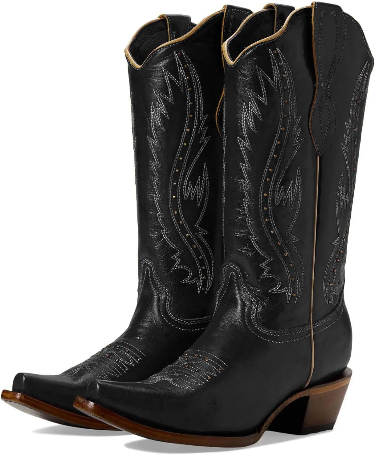 Women's Vintage Embroidered Rivet Snip Toe Cowgirl Block Heel Mid Calf Western Boots Fashion Studded Square Toe Pull On Chunky Heel Cowboy Calf High Boots for Women