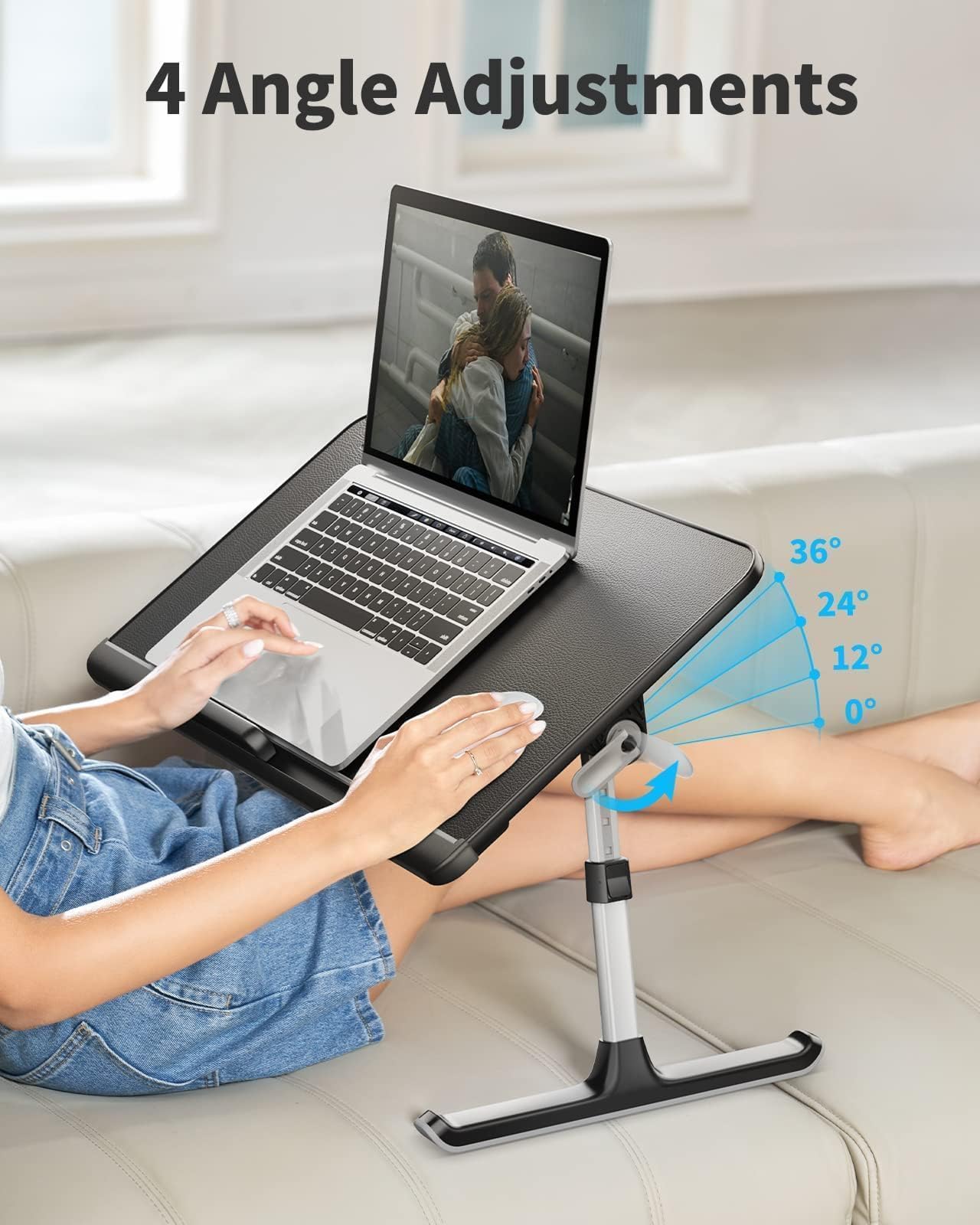 SAIJI Laptop Bed Tray Table Adjustable PVC Leather Laptop Bed Table Portable Standing Desk with Storage Drawer Foldable — view 3