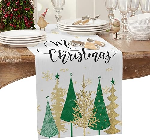 Miniatura 2 de Christmas Table Runner-Cotton Linen- 48 Inch Holiday Dresser Scarves, Minimalist Geometric Tree Green Gold Tablerunner for Kitchen CoffeeDining