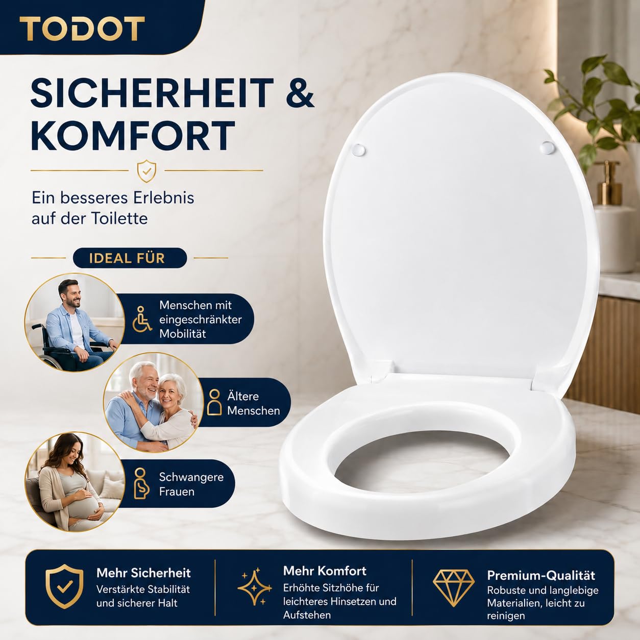 WC-Sitz erhöht 5cm für ältere/behinderte Menschen, WC-Sitzerhöhung Toilettensitz aus Duroplast, leiser Absenkautomatik, verstellbare Edelstahl-Scharniere (250 kg, Universal) (O-Form)