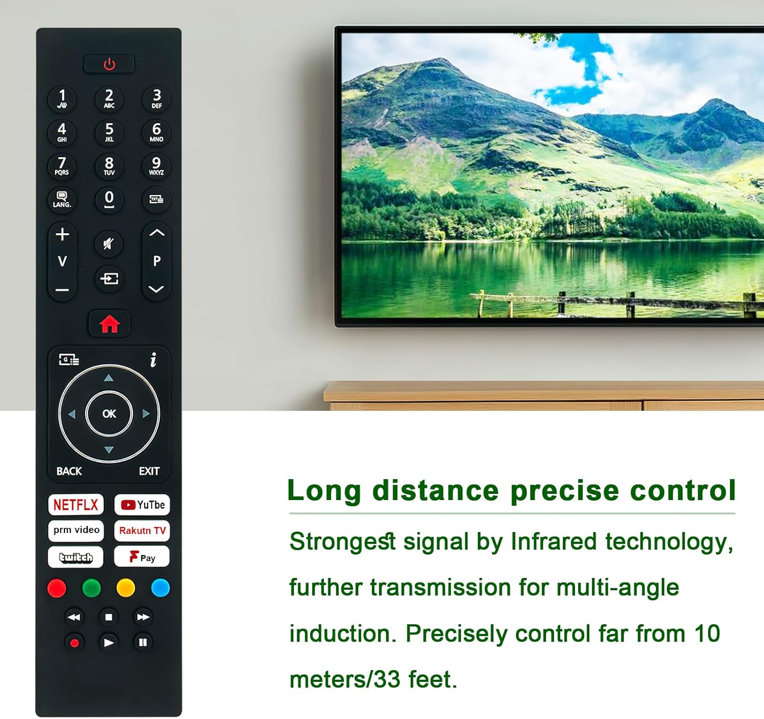 VINABTY RC45137P remote control shown next to a television, illustrating its long-distance control capability.