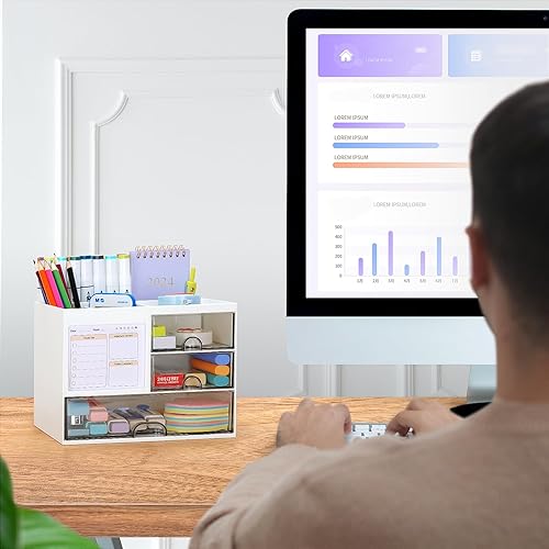 Miniatura 5 de Organizador de escritorio multifunción con cajones, caja organizadora de cosméticos y maquillaje, 3 cajones, organizador de almacenamiento