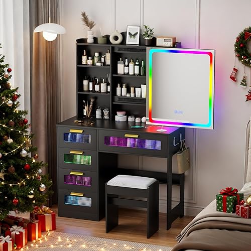 Miniatura 10 de Gurexl Escritorio RGB con espejo deslizante y luces LED, 7 dinámicos y 24 estáticos regulables con parte superior de cristal, tocador con estación