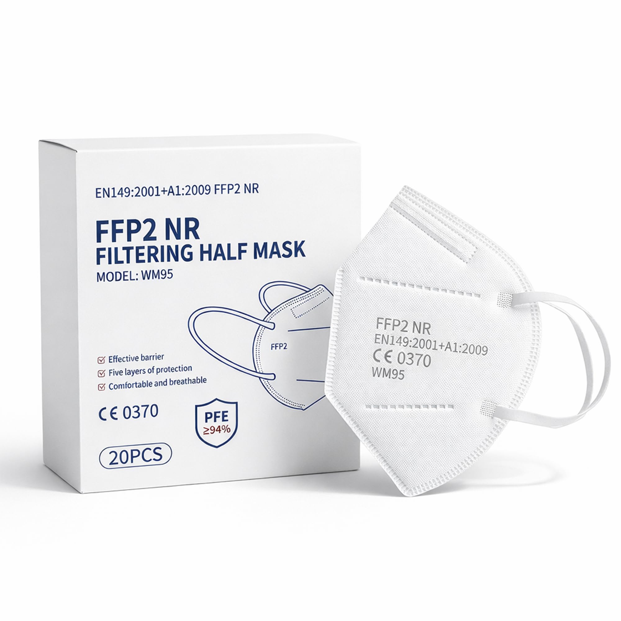 Nationwide Paper FFP2 Face Masks 40 Pack UK – CE Certified 0370, 5 Layer High Filtration Respirator Mask, Individually Wrapped, Breathable WN95 Style Dust Protection Masks for Work & Travel