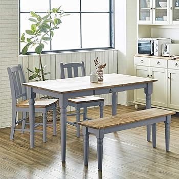 Amazon 配送 組立 設置込み フレンチカントリー家具 ダイニングセット 4点セット ブルーグレー 手作り ナチュラル 北欧カントリー風 カントリー調 ダイニングセット オンライン通販
