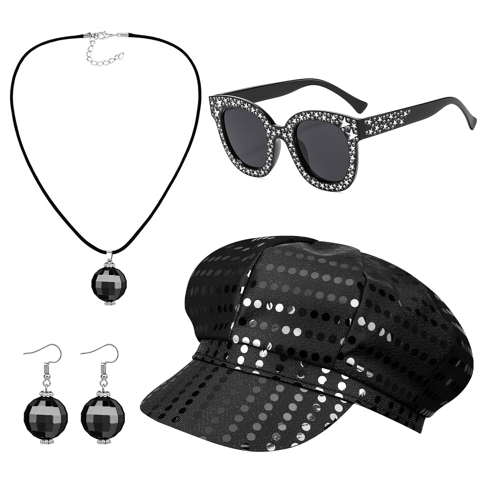 UxClishe 4Pcs 70s Disco Accessories Set for Women, Fancy Dress Costume Set with Sequin Hats Bling Necklaces Sunglasses and Earrings, Costume Party Outfit for Theme Dance Birthday Retro Disco Party