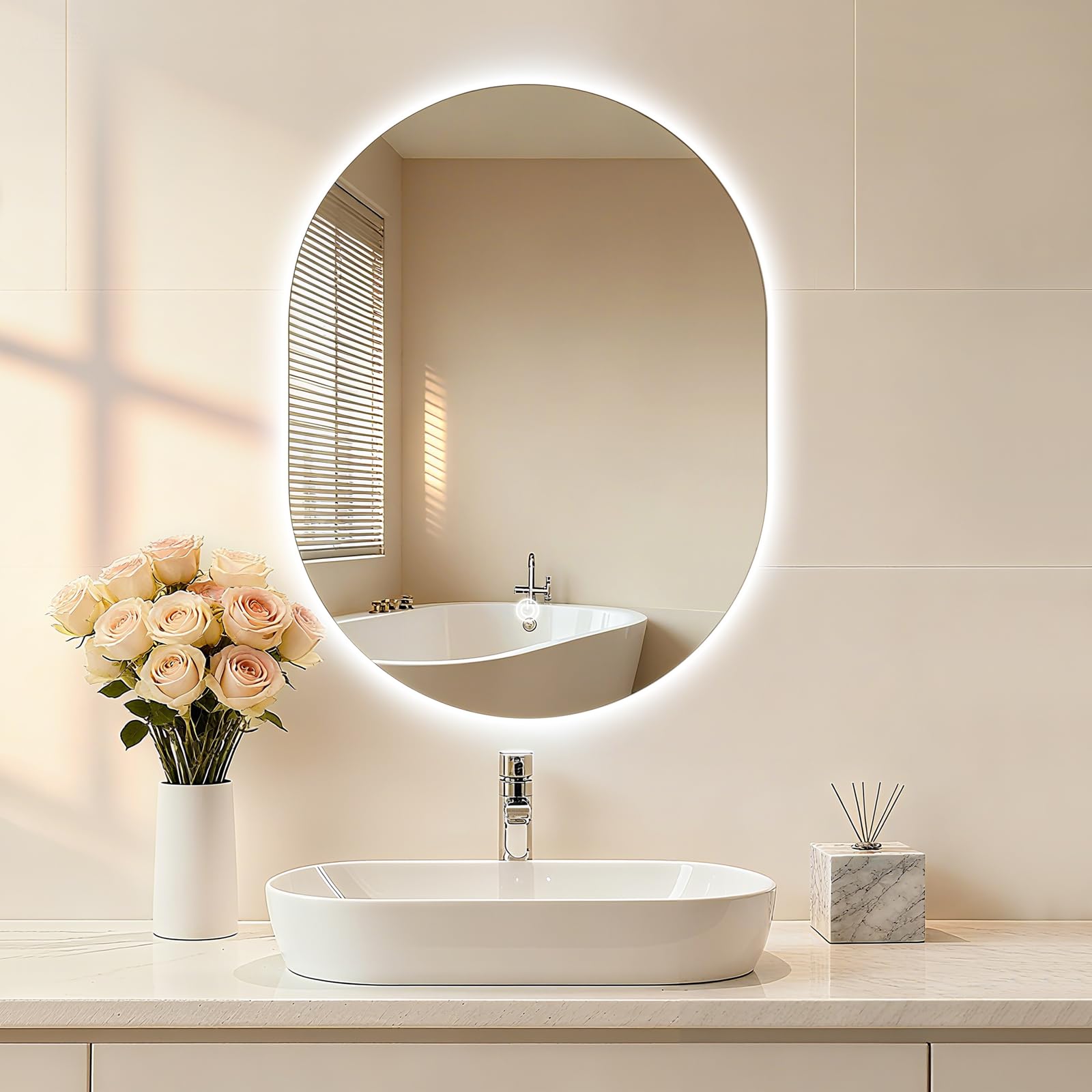 Srtvietae Bathroom Mirror with LED Lights, 400Γ600mm Electric Vanity Mirror with Backlit Lights, Oval, Wall Mounted Dimmable 3 Color Lighting, IP54, Vertically Only