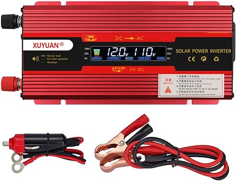 Vehicle 3000W 4000W 6000W Power Inverter DC 12V/24V to 110V AC Car Inverter Converter Dual USB Charging Ports, 2 AC Outlets Car Plug Adapter for Laptop Computer, Red 12V/24V-4000W