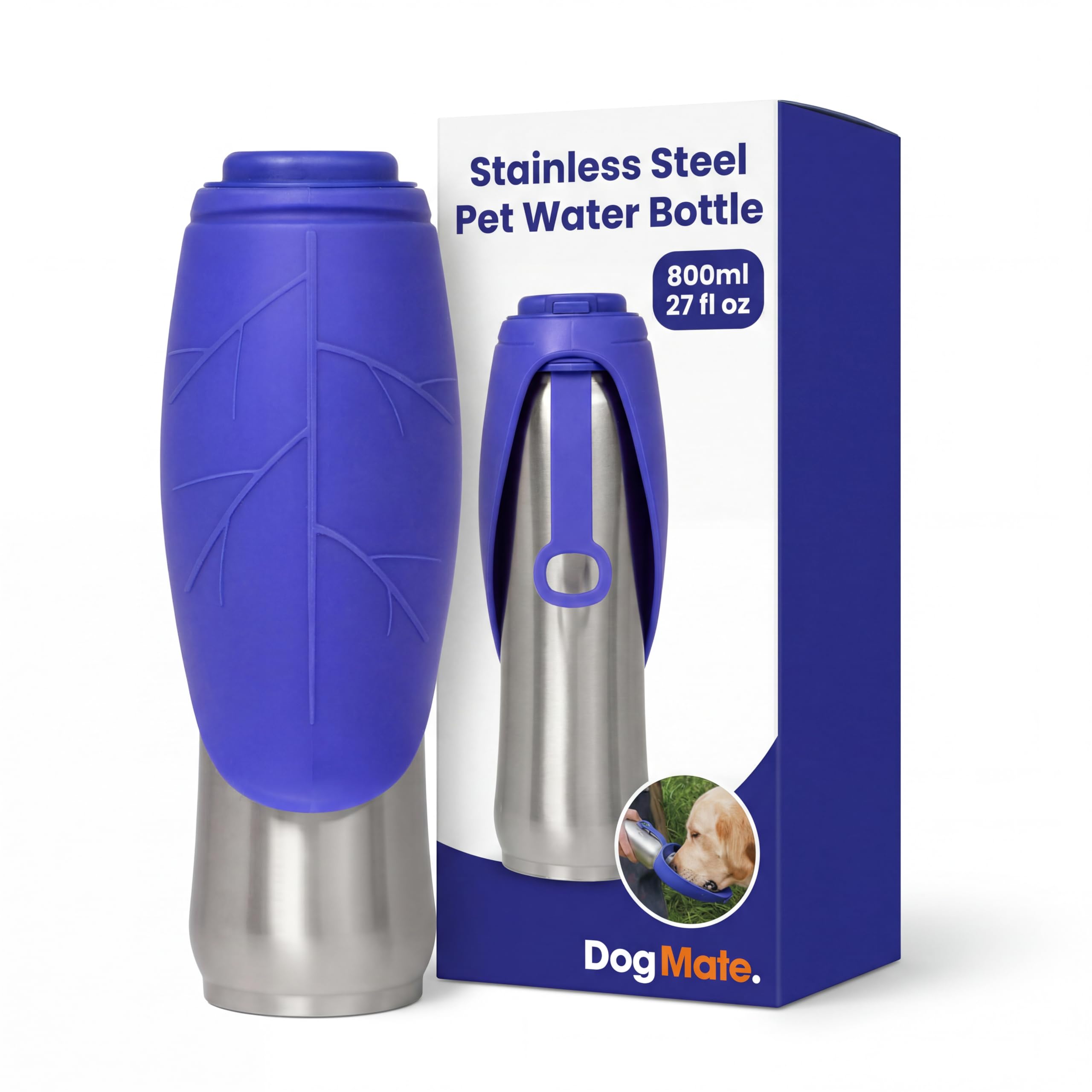 Dog Mate Edelstahl-Reiseflasche für Hunde – Tragbare Wasserflasche mit angebauter Trinkschale