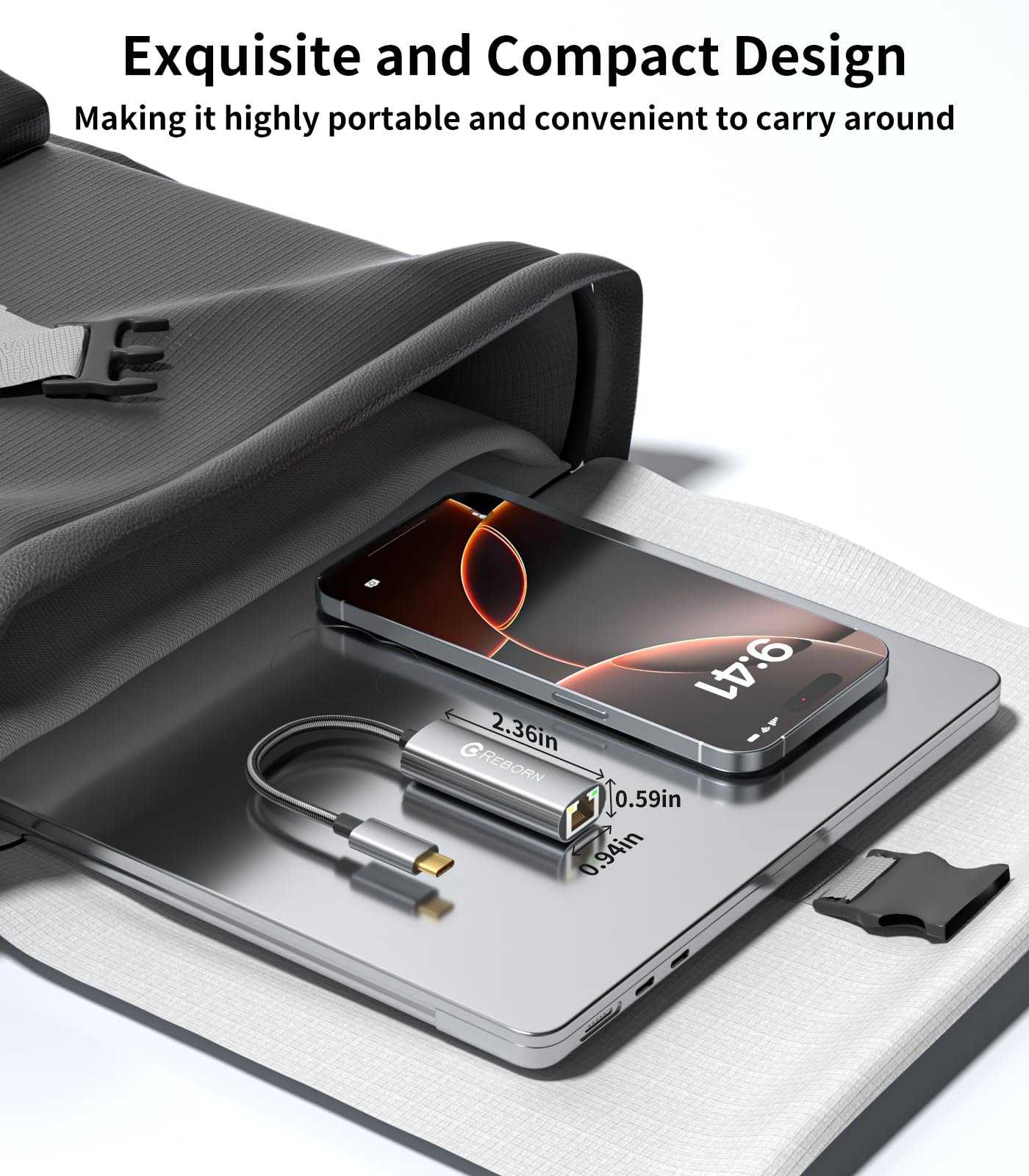 Reborn Adaptateur USB C vers Ethernet, Type-C (Thunderbolt 3/4) vers RJ45 Gigabit Ethernet LAN adaptateur compatible avec iPhone 15 Pro/Max, MacBook Pro/Air 2023, iPad Pro, iMac, S23, XPS 17 et plus