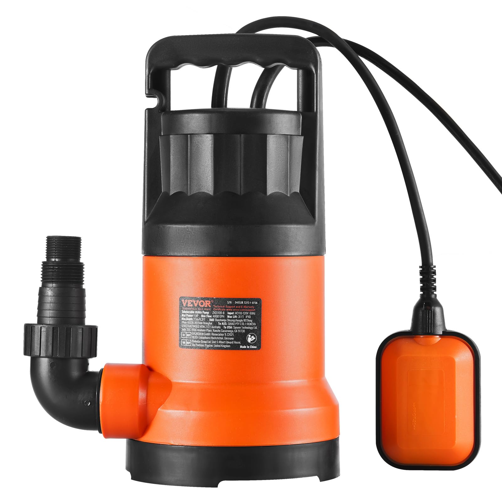 VEVOR Bomba Utilitaria Sumergible, 400 W, 9500 L/H de Alto Flujo, Cabezal de 7,9 m, Bomba Sumergible de Sumidero con Cable de Alimentación Largo para Drenar Agua de Piscina, Jardín, Estanque, Sótano