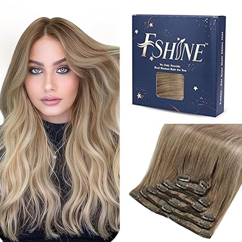 Fshine Extensiones de cabello humano real con pinzas, color marrón ceniza a rubio ceniza y rubio platino, sin costuras, extensiones de cabello