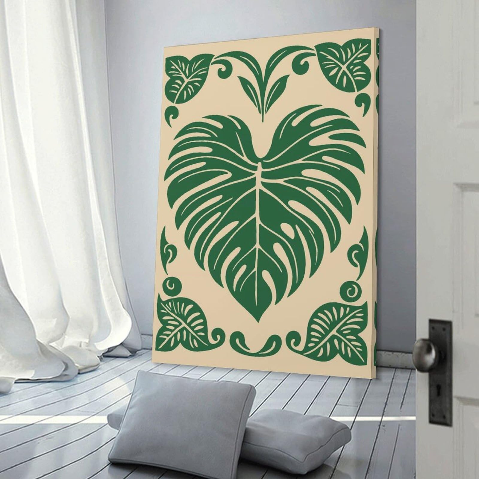 Junmoney Decorative Canvas Print Monstera Leaf Green Beige Illustration, 24x36inch(60x90cm), for Entrance Walls, Hall Decor Or Foyers, A Stylish Accent for Home Entrances