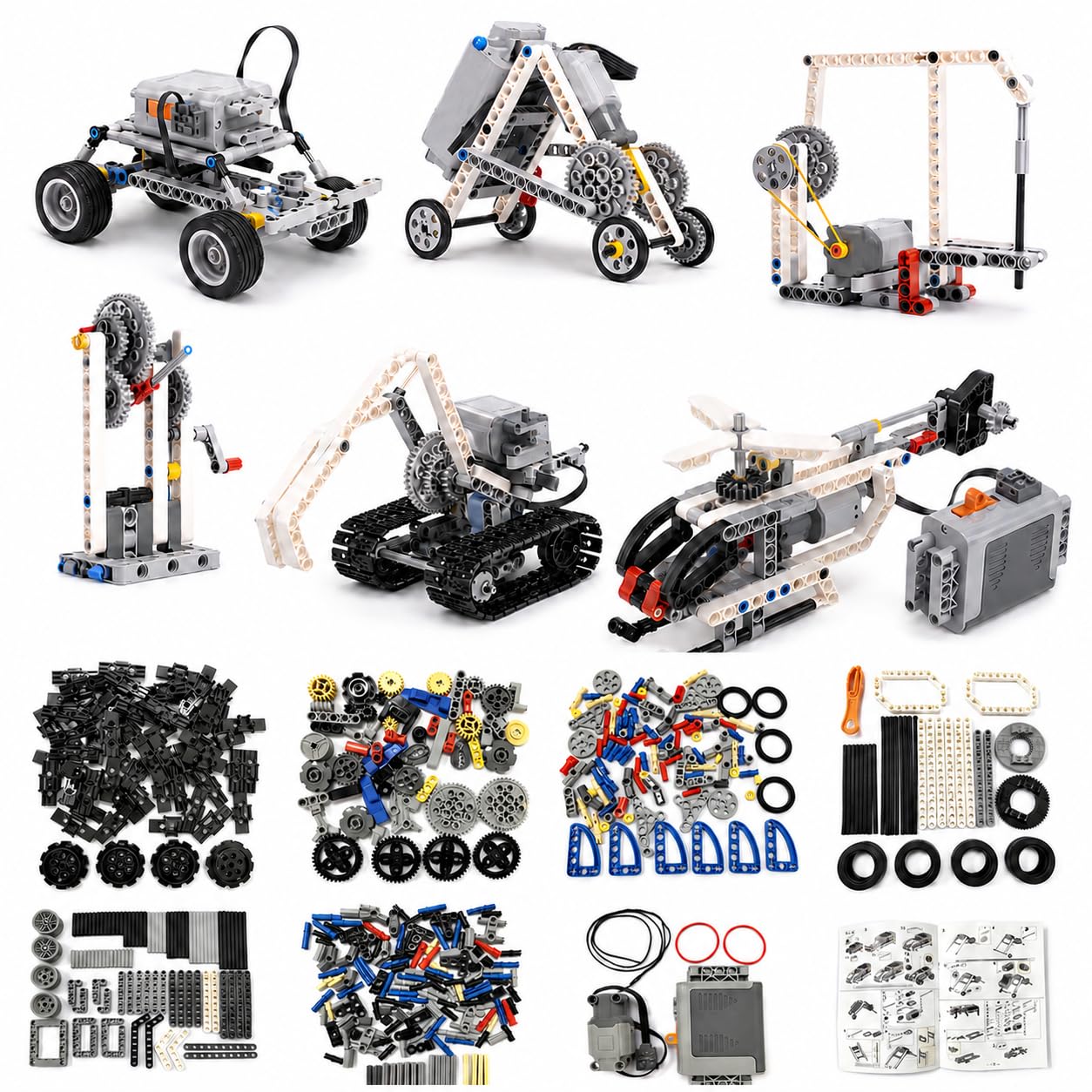 Lot de 548 Composants de Construction mécaniques, Engrenages, Axes, connecteurs et éléments ABS pour projets créatifs et modèles à Assembler