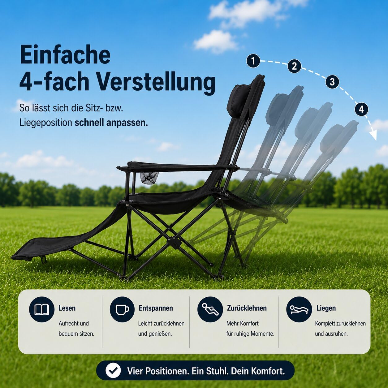 Verstellbarer Campingstuhl mit Fußablage Campingstuhl faltbar bis 130 kg | Outdoor Relaxsessel mit Hoher Rückenlehne, Getränkehalter & Tragetasche - Faltbarer Campingstuhl mit Beinauflage für Camping