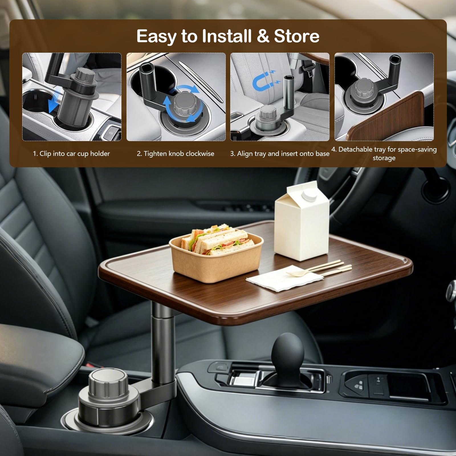 Mesa giratoria de 360° para portátil de coche con portavasos, soporte de madera para el interior del vehículo, mesa de coche multifuncional y bandeja, compatible con Tesla, Ford y la mayoría de