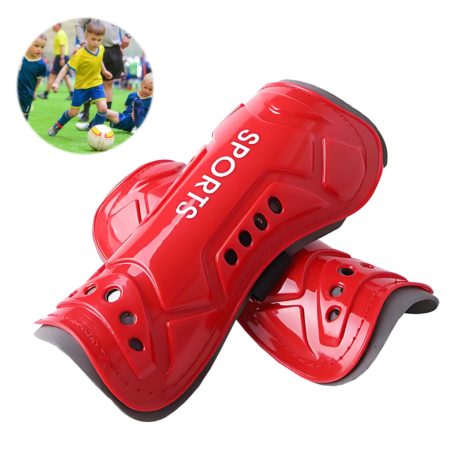 Kids Shin Guards, Child Soccer Shin Pads Perforated Breathable Soccer Shin Guards Board, for Age 3-14 Youth and Kids Boys Girls Soccer Games Calf & Ankle Protection, Red