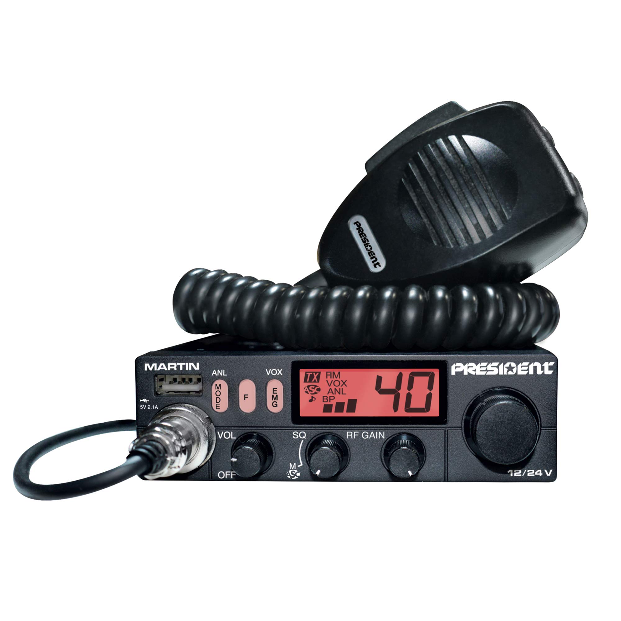 PRESIDENT Martin Multistandard 40CH AM/FM Roger Beep Scan ANL Filtre 4 W 12/24 V avec écran Multicolore