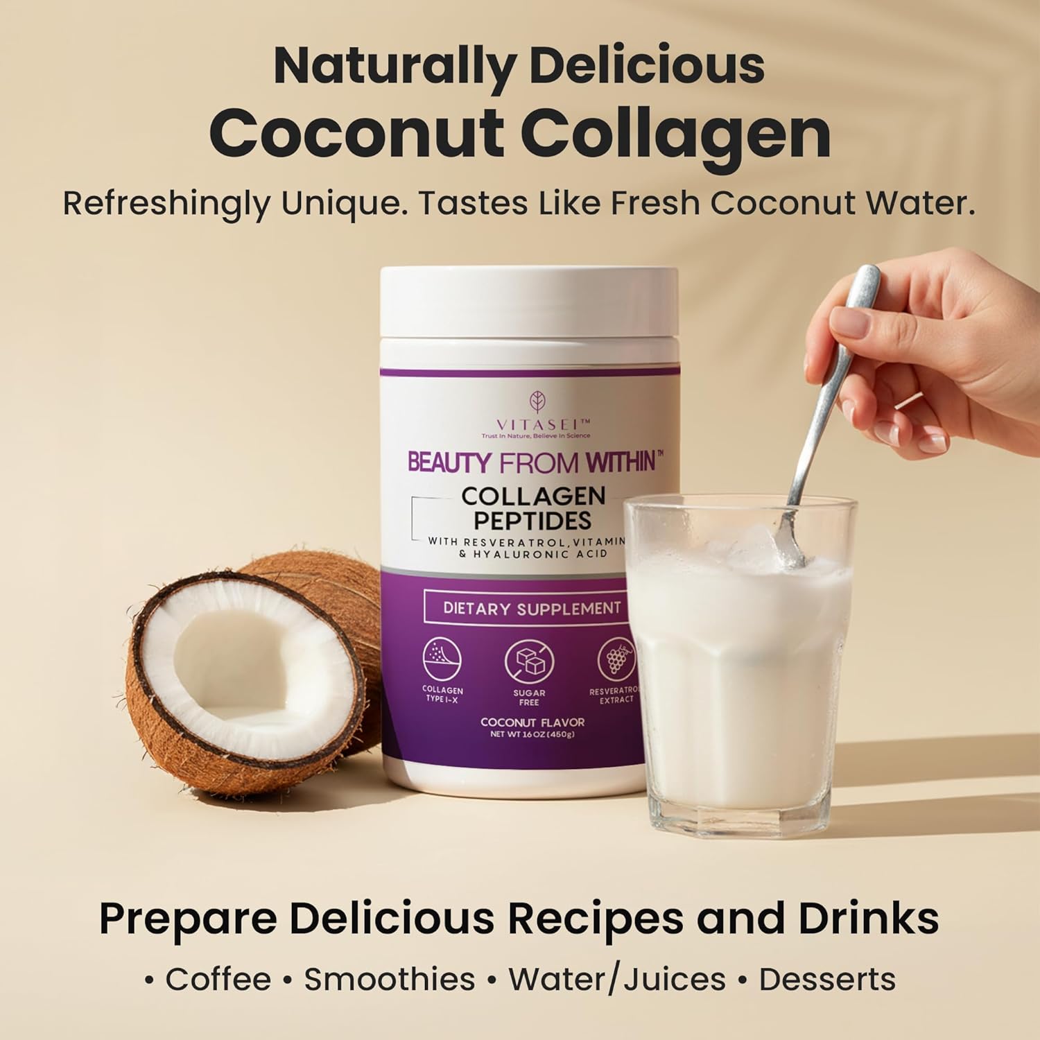 VITASEI Hydrolyzed Collagen Peptides Powder with Resveratrol & Vitamin C – Hair, Skin & Joint Support with Hyaluronic Acid – Colágeno Hidrolizado for Women & Men – Coconut Flavor, 16 oz (30 Servings) - Image 3
