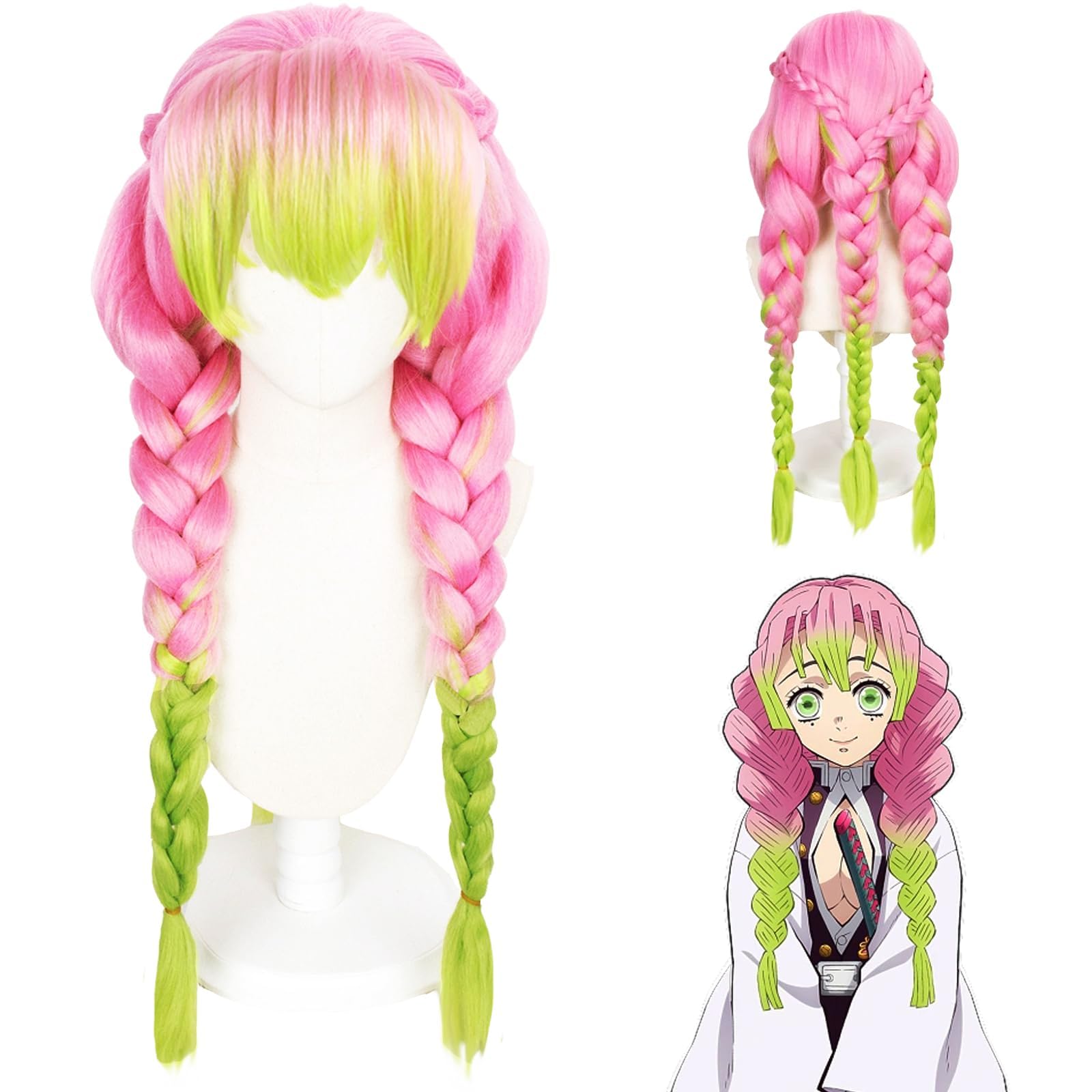 Anime Kanroji Mitsuri Cosplay Perücke für Damen, Mitsuri Cosplay Wig, Rosa Grün Perücke Charakter Verkleiden Lange geflochtene Perückes Passend, für Mädchen Halloween Karneval Kostüm Party