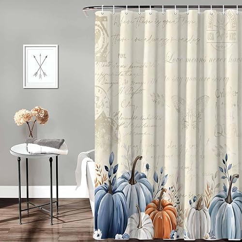 Miniatura 9 de Blue Pumpkins - Juego de cortinas de ducha de otoño, estándar de 72 x 72 pulgadas, cortina de ducha de Acción de Gracias, impermeable, cortina de