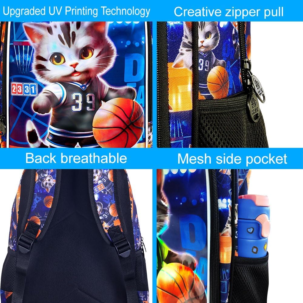 UFNDC 3PCS Basketball Cat Bookabg for Boys, Kids Backpack with Lunch Box, Water Resistant School Bag for Elementary Preschool Toddler - Image 5