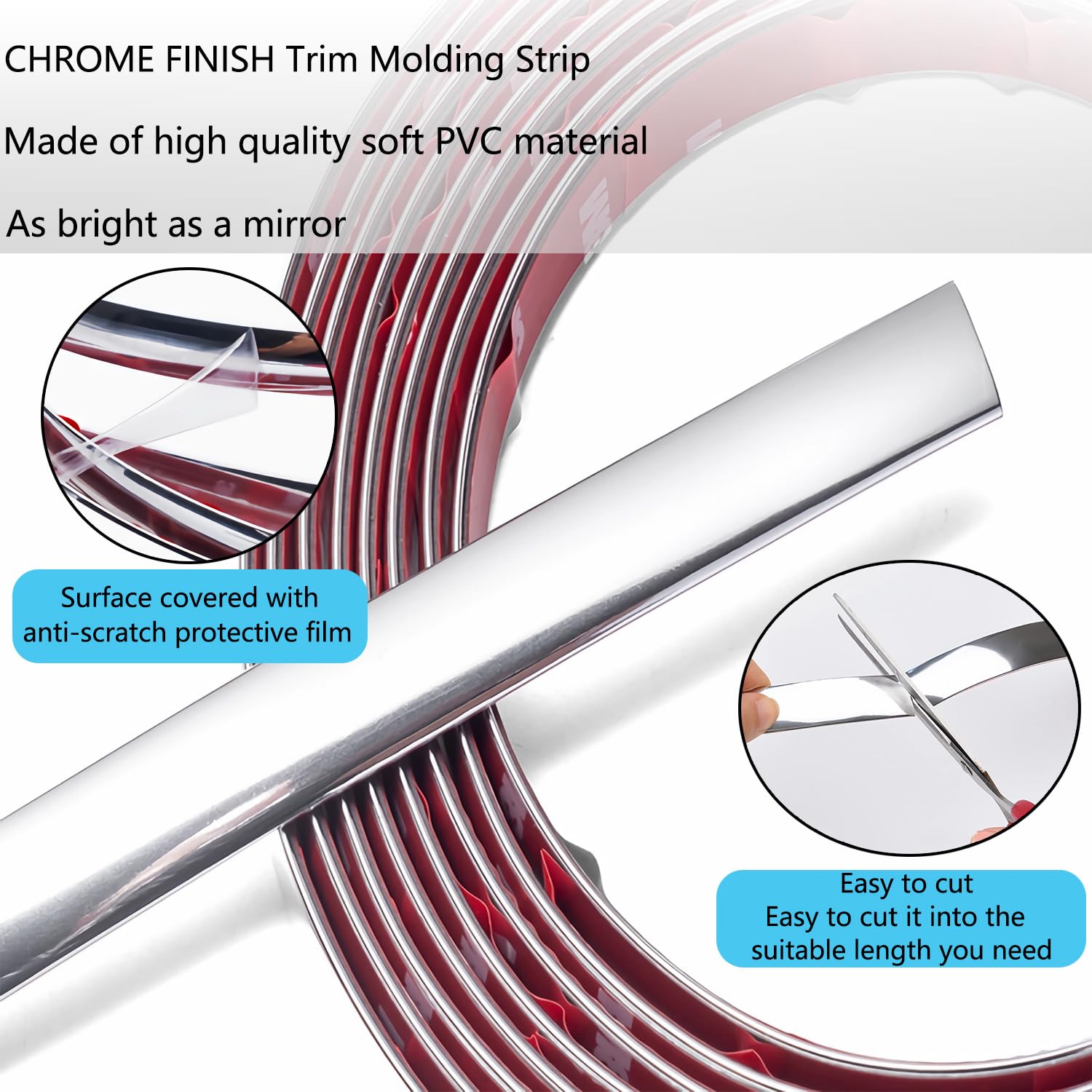 Zelfklevende chromen sierlijsten 6 mm x 15 m, auto chromen strip