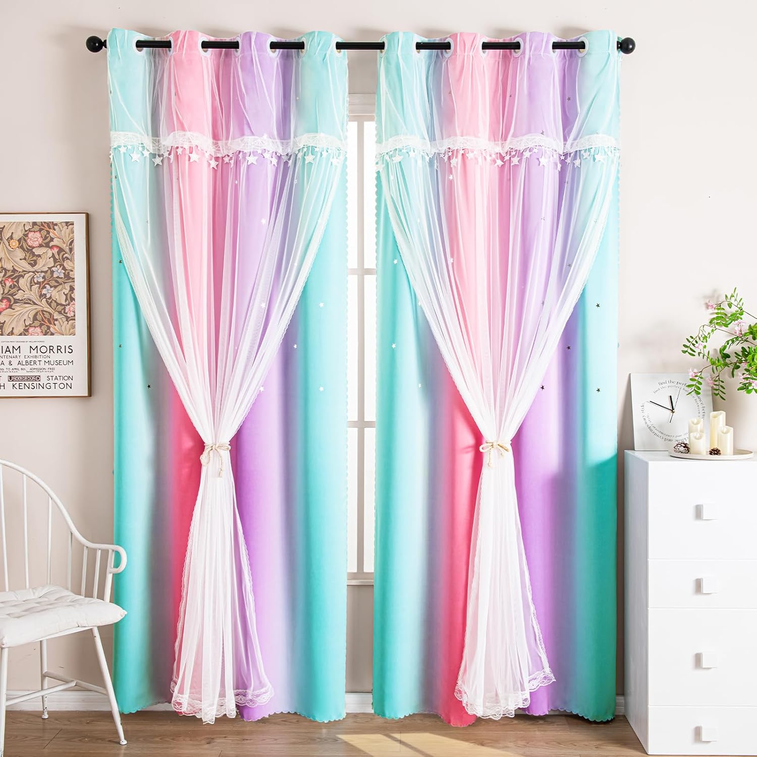 UNISTAR Curtains for Girls Bedroom Kids Room, Star Room Darkening Cutain for Princess Daughter Window Home Decor (W34 x L84, Pink Purple Green /1Panel)