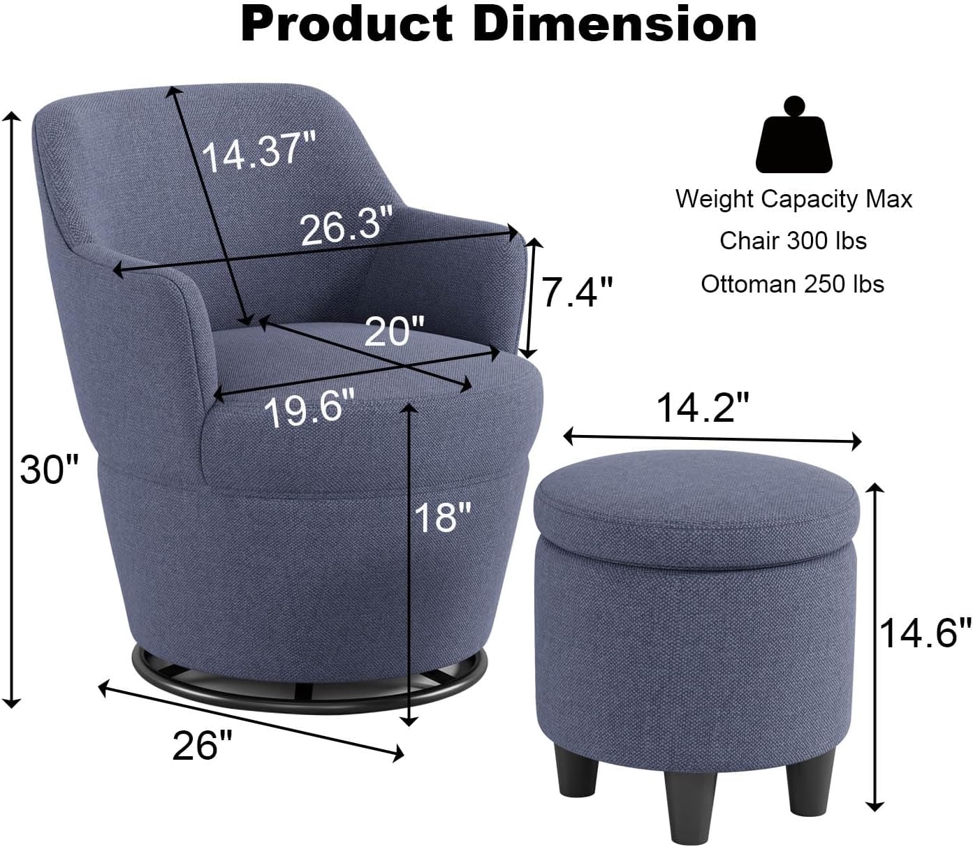 27" Swivel Accent Chair, Lounge Sofa with Ottoman, Nail Trimmed Barrel Chair for Living Room, Nursery & Vanity, Blue