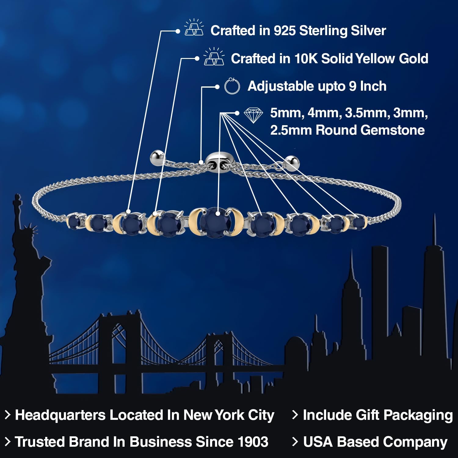 Gem Stone King 2.16 Cttw Blue Sapphire Graduated Bracelet For Women | 925 Silver and 10K Yellow Gold | Round 5MM 4MM 3.5MM 3MM and 2.5MM | Fully Adjustable Up to 9 Inches