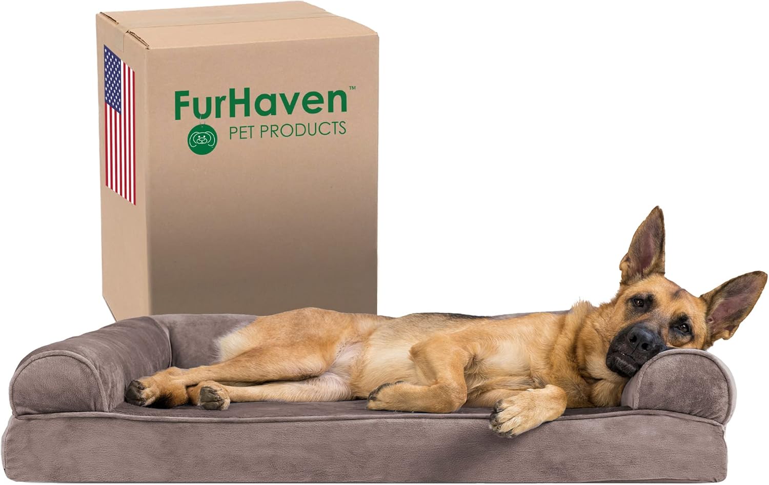 Furhaven Memory Foam Dog Bed for Large Dogs w/ Removable Bolsters & Washable Cover, For Dogs Up to 95 lbs - Faux Fur & Velvet Sofa - Driftwood Brown, Jumbo/XL 40.0"L x 32.0"W x 8.0"Th (Faux Fur & Velvet) Driftwood Brown