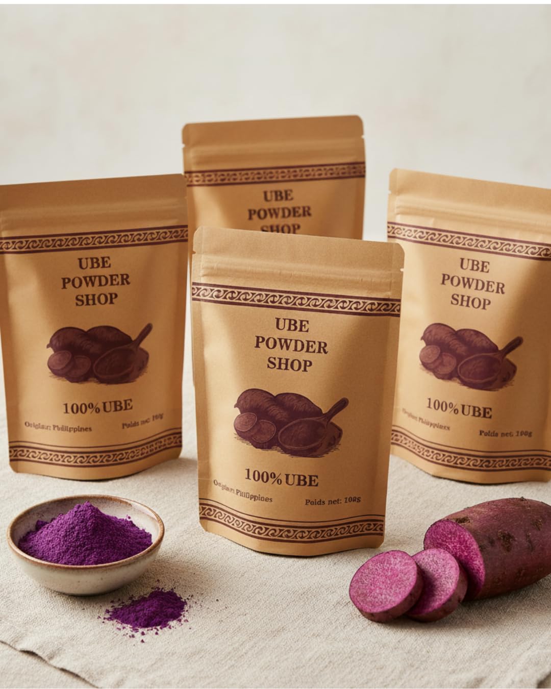 UBE POWDER SHOP – Certyfikowany proszek Ube Premium 100% naturalny – Fioletowy batat z Filipin – Superfood wegański | Do kawy latte, deserów, lodów, wypieków i napojów – Saszetka 100 g