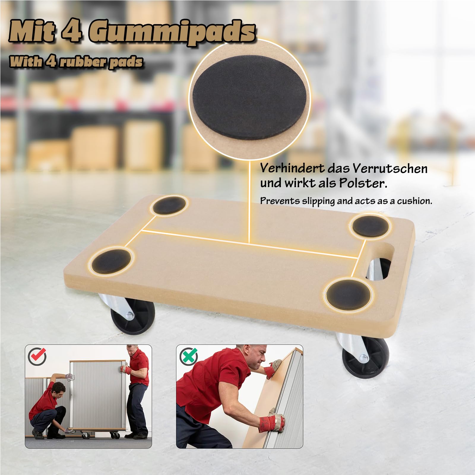 ACXIN 4X Möbelroller Transportroller 580 x 290 x 108 mm Transporthilfe mit Rollen Rollbretter Transport für Umzug Möbel-Transport, Möbelhund inkl. Gummipads bis zu 200 kg Traglast