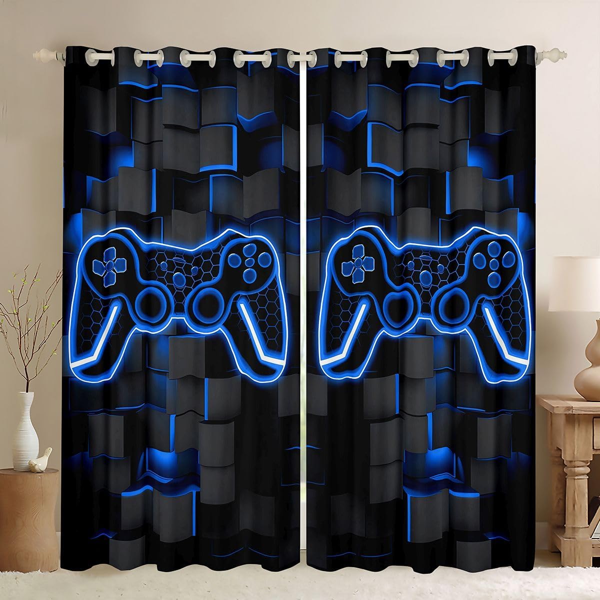 Feelyou Gamer Curtains for Bedroom Living Room (2 Panels, 52 x 84 Inch) Teal Blue and Black Darkening Drapes for Boys Gaming Ombre Blackout Curtains Geometric Square Window Treatments