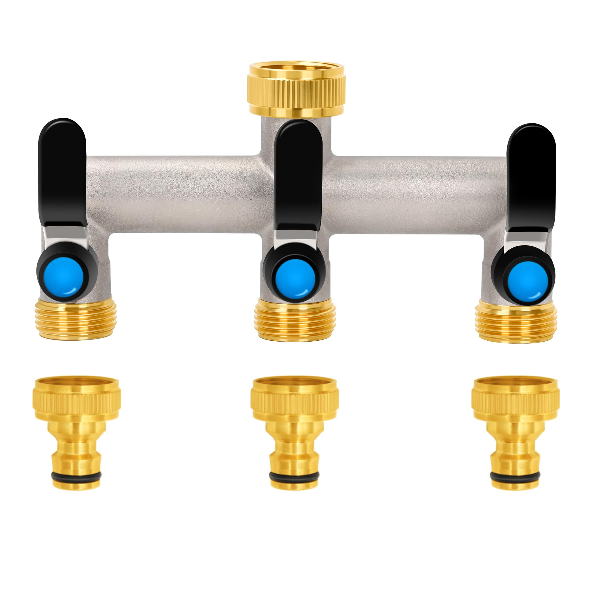 OPERMAXER Wasserhahn Wasserverteiler, LängerterGriff, 3/4 Zoll Messing Wasseranschluss Verteiler mit individuellem Absperrhähnen，3/4" Adapter 1/2" für Geräte/Gartenschläuche