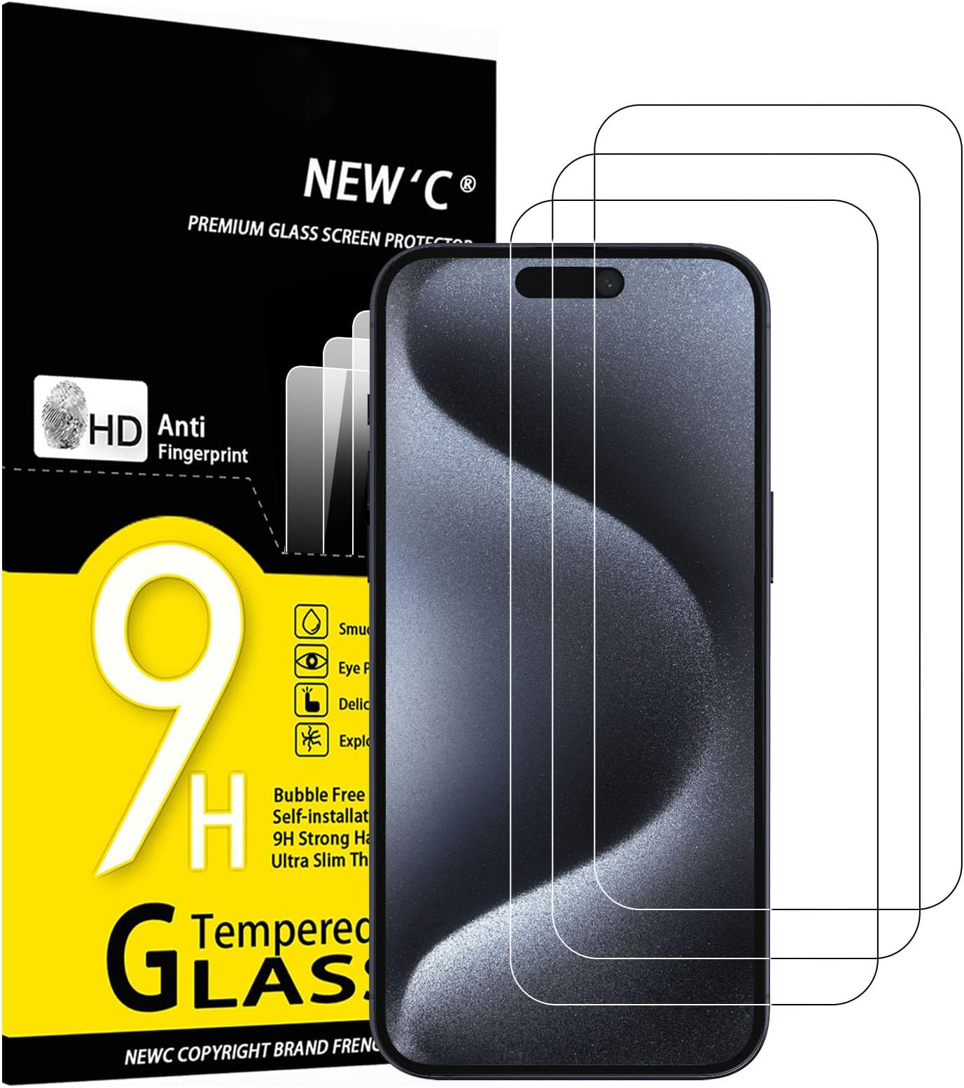 NEW'C Pack of 3 Tempered Glass Screen Protector for iPhone 15 Pro Max / 15 Plus (6.7 Inches), Scratch Free, 9H Hardness, HD Screen Protector, 0.33 mm Ultra Clear, Ultra Resistant