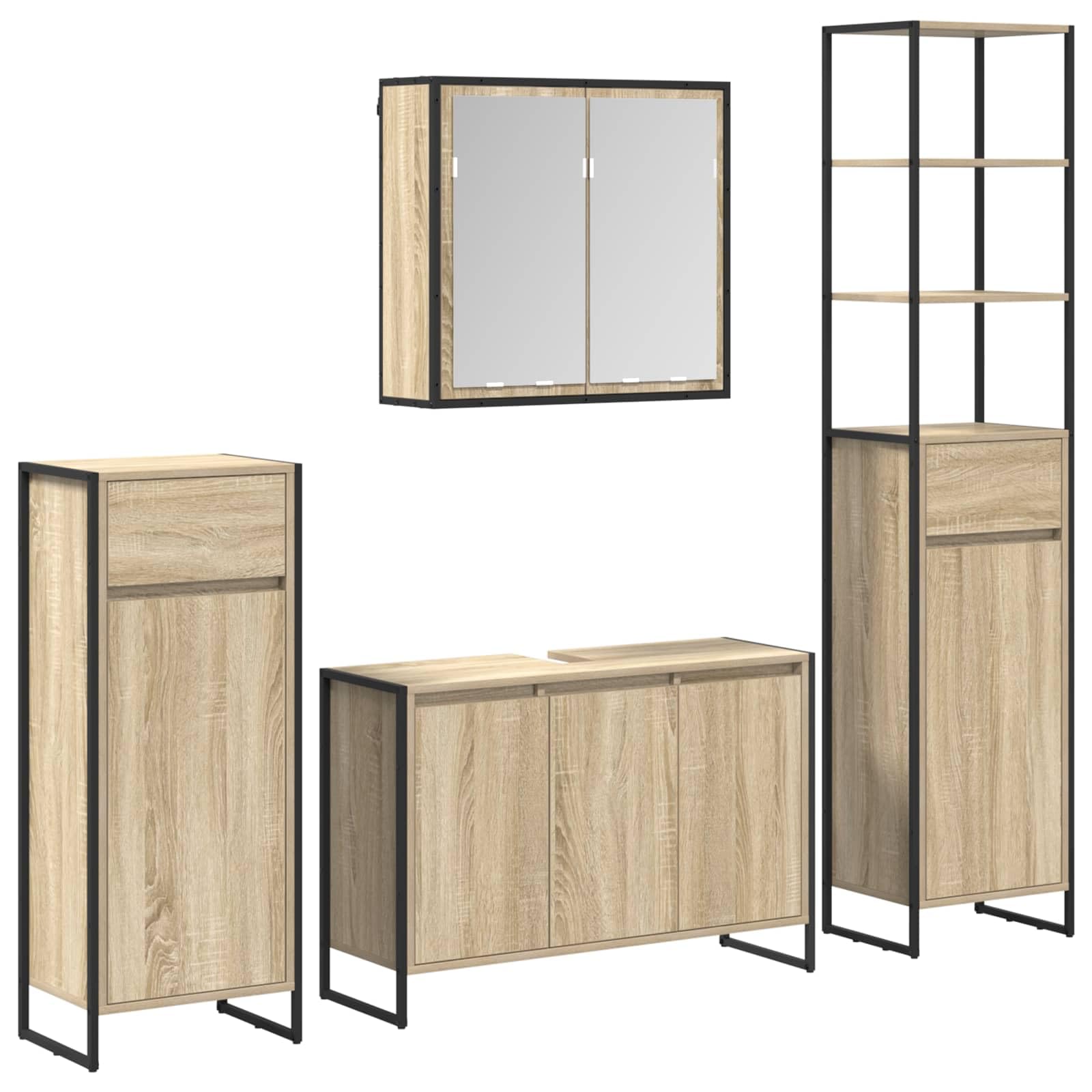 Juego de muebles de baño de roble Sonoma, 78,2 kg, armario bajo el lavabo, 90 x 30 x 60 cm, armario con espejo, 65 x 20 x 60 cm, 2 armarios de baño, 40 x 30 x 100/180 cm, moderno, resistente