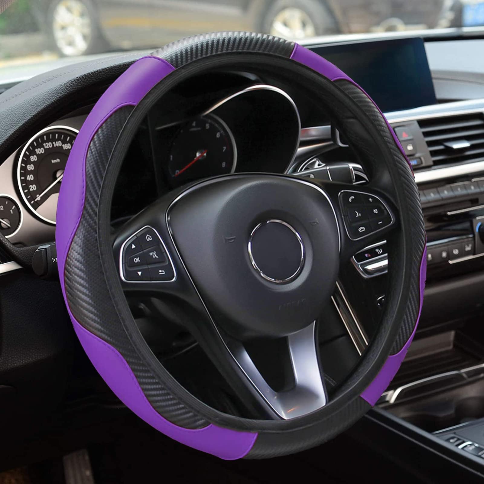 Car Steering Wheel Cover,Carbon Fiber Steering Wheel Cover for Men and Women Microfiber Anti-Slip PU Leather Elastic Steering Wheel Cover,Universal Fit 15 Inch (Purple)
