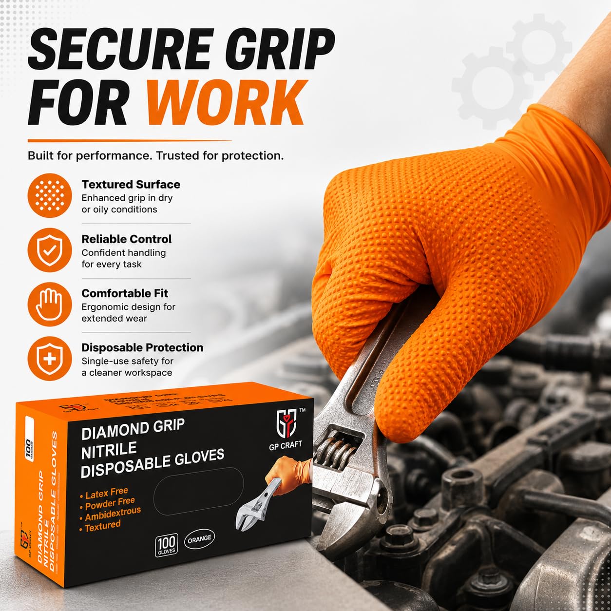 GP-68 Orange Nitrilhandschuhe, 8 mm, strapazierfähig, latexfrei, puderfrei, Einweg mit Diamantgriff, 100 Stück, L