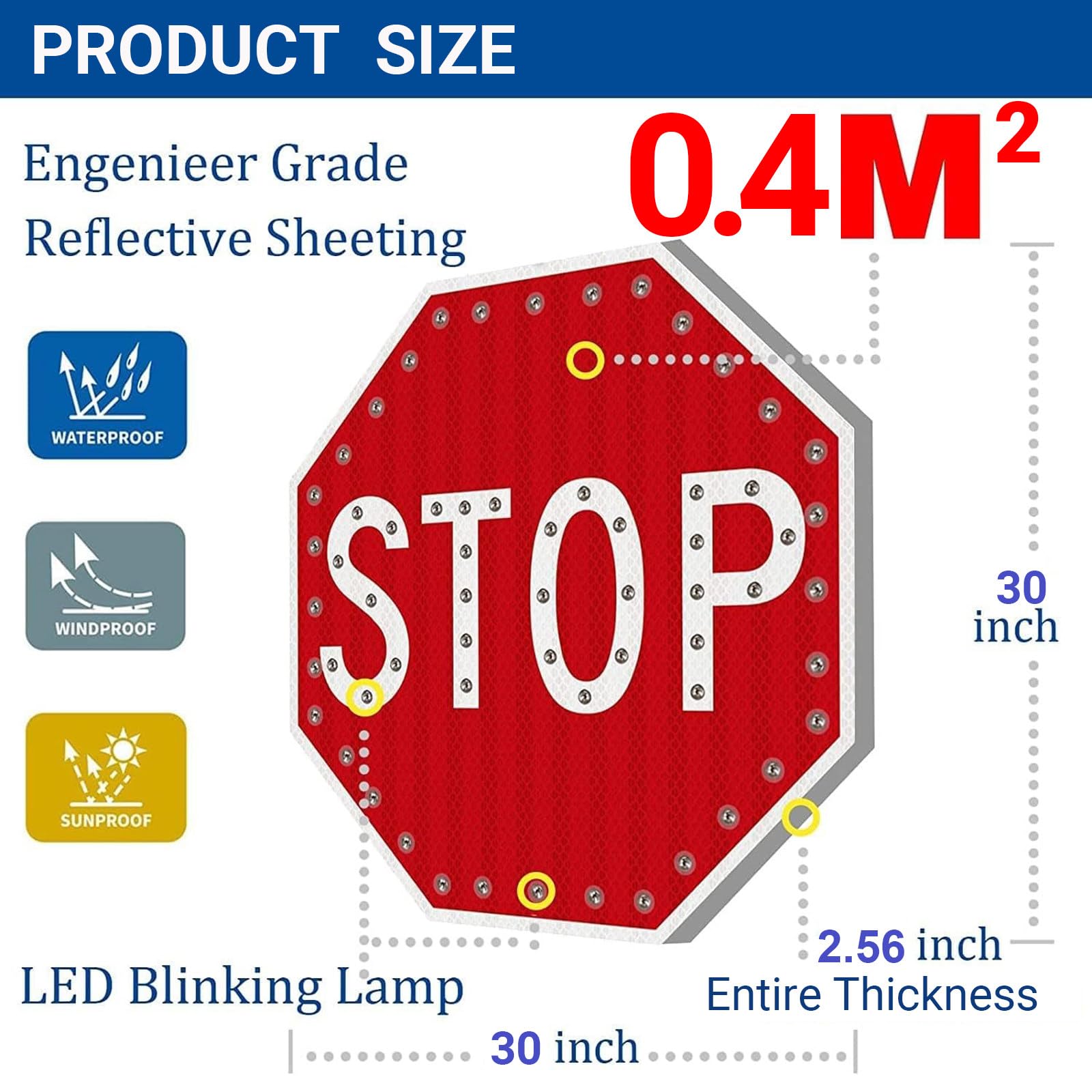 Señal de parada LED con energía solar de 30 pulgadas, octágono de aluminio duradero para un mejor control y seguridad del tráfico por carretera, ideal para construcción y uso de emergencia