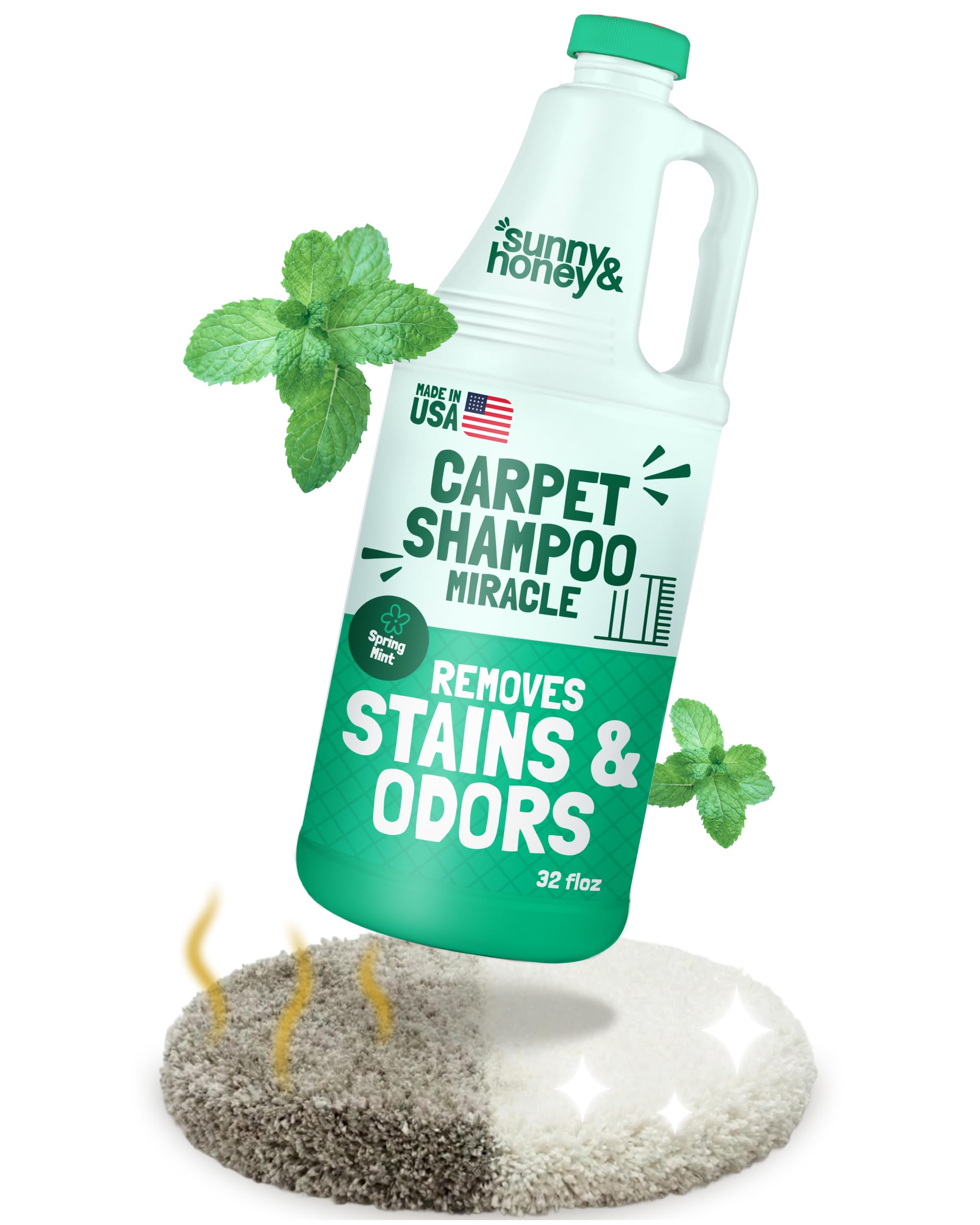 Sunny & Honey Carpet Shampoo & Cleaning Solution - 32 Fl Oz Spring Mint Scent - Pet Carpet Cleaner Machine Solution - Rug & Upholstery Cleaner - Stain Remover & Odor Deodorizer