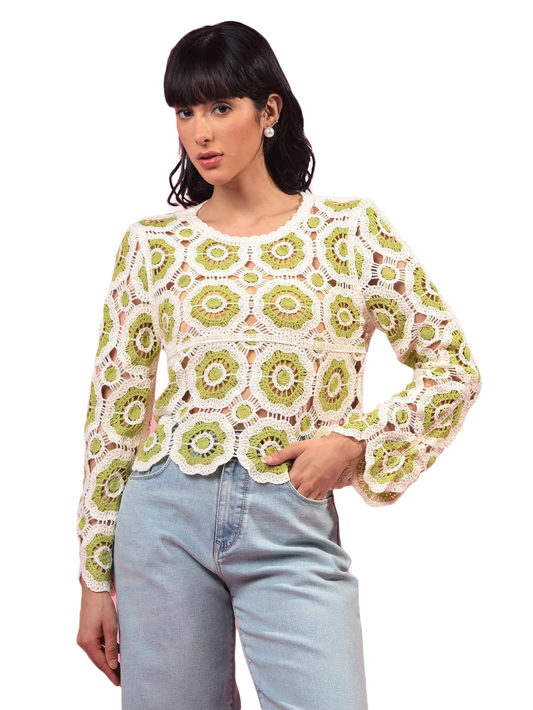 crimsoune club Women's Green Embroidered Crochet Top-picture-11