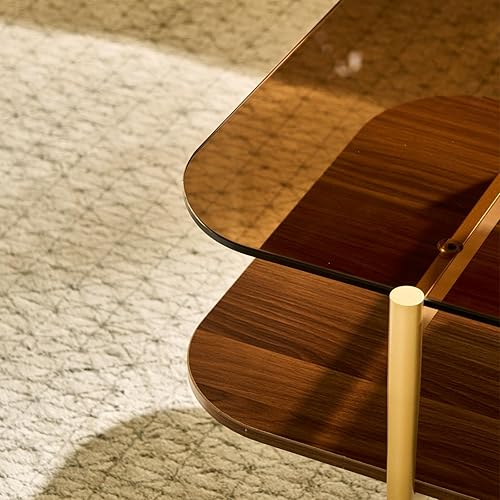 Miniatura 52 de Saint Mossi Tadio - Mesa de centro de vidrio de doble capa para sala de estar, estante inferior de MDF marrón y café Vidrio marrón y marrón